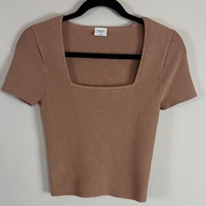 NWT Abercrombie & Fitch Ottoman Square Neck Ribbed Swearer Tee in Tan Size Small